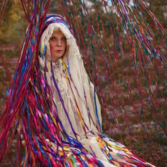 Image similar to a closeup portrait of a woman wearing a cloak made of ribbons, staring at an empty swing playground, color photograph, by vincent desiderio, canon eos c 3 0 0, ƒ 1. 8, 3 5 mm, 8 k, medium - format print