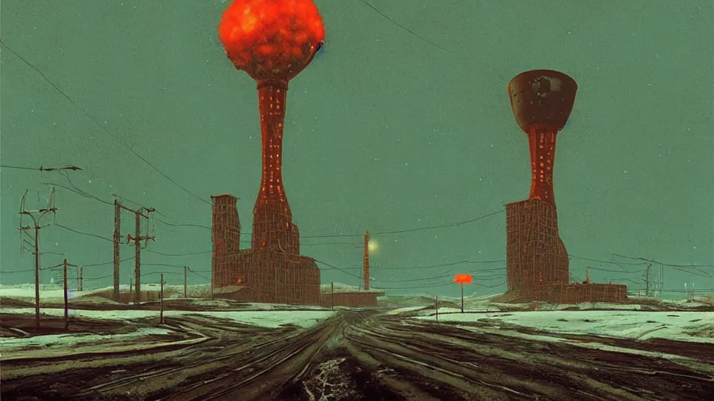 Image similar to Nuclear, Redwood Desolation; Location: Norilsk Russia; by Simon Stålenhag; retro natural-futurism;