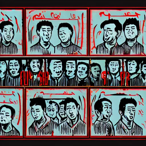 Prompt: uyghurs Uighurs in a prison behind bars, organ harvesting, in the style of daniel johnston and outsider art, 8k, line brush, overlaid with chinese adverts