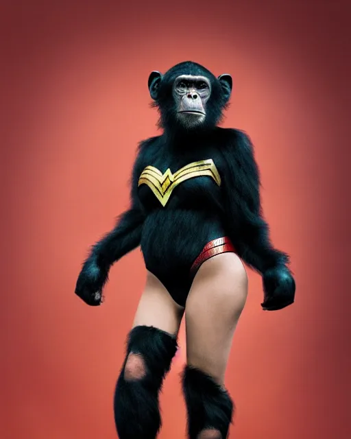 Prompt: a Chimpanzee holding dressed as Wonder Woman, her legs are completely covered in fur, photographed in the style of Annie Leibovitz, photorealistic