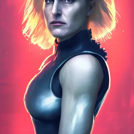 Image similar to gillian anderson portrait, dystopia core, apocalyptic, armor, warrior, dramatic, sharp focus, fiction, neon, fantasy, hyper detailed, digital art, trending in artstation, cinematic lighting, studio quality, smooth render, unreal engine 5 rendered, octane rendered, art style and nixeu and wlop and krenz cushart