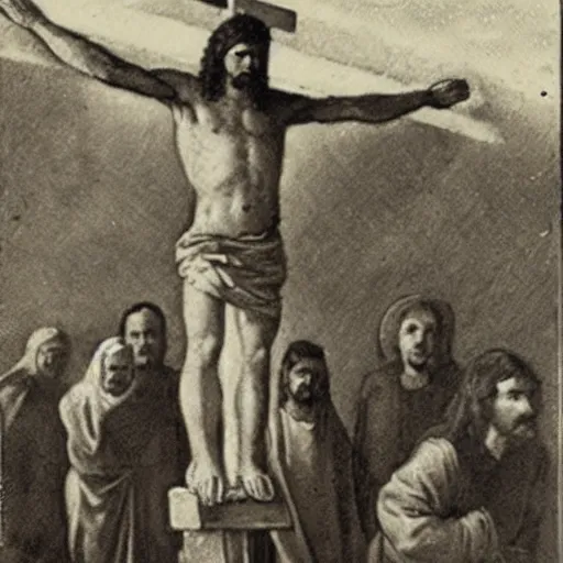Prompt: a old vintage photo of the crucifixion of jesus