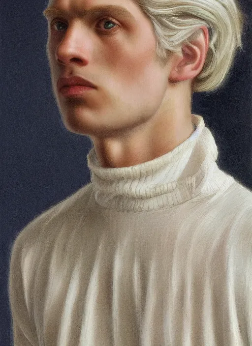 Prompt: close-up portrait of young dreaming pale man, with white hair shoulder length wavy hair, with pearl earing, in the museum, in white turtleneck shirt, painting in the museum, highly detailed, sharp focus, digital painting, artwork by Kinkade, by Victor Adame Minguez by Tom Lovell by Leyendecker by Sandro Botticelli