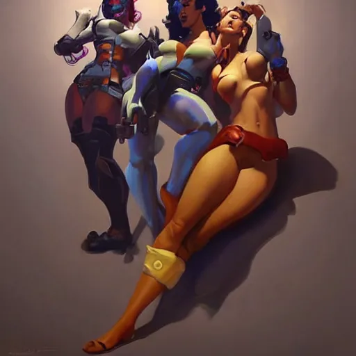 Prompt: greg manchess portrait painting of overwatch's characters as pinup art, medium shot, asymmetrical, profile picture, organic painting, sunny day, matte painting, bold shapes, hard edges, street art, trending on artstation, by huang guangjian and gil elvgren and sachin teng