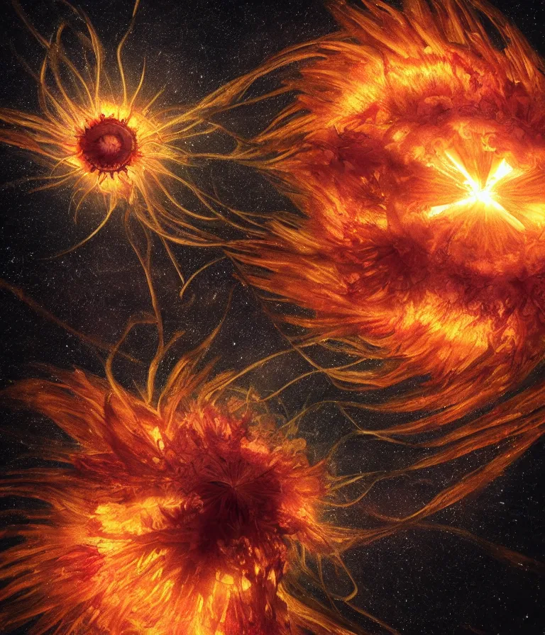 Image similar to impressive ominous cinematic fine photo of a spiraling exploding sun launching flowers across the starry night sky, lighting impressive masterpiece hyper ultra detailed intricate sharp focus 8 k realistic illustration canon eos r 3 fujifilm x - t 3 0 sony alpha, artgerm colorful!!!, trending on artstation behance cgsociety, octane render nvidia raytracing demo