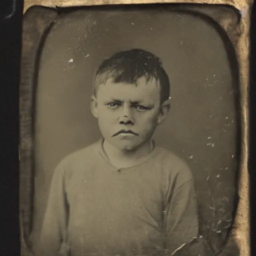 Prompt: tintype photo of a scared boy in bed, a claw is reached out from under the bed