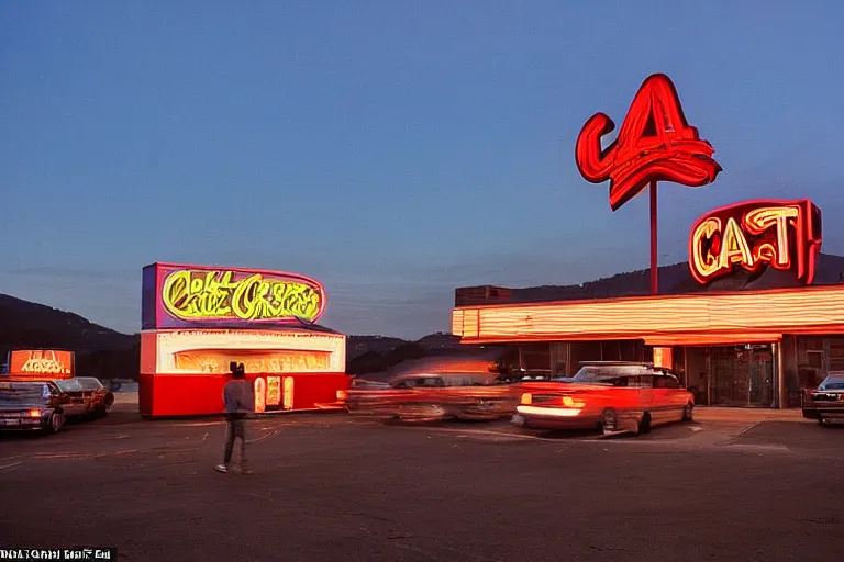 Prompt: giant crab attacking a california drive in, in 2 0 1 2, bathed in the the glow of the sunset, low - light photograph, in style of ansel adams