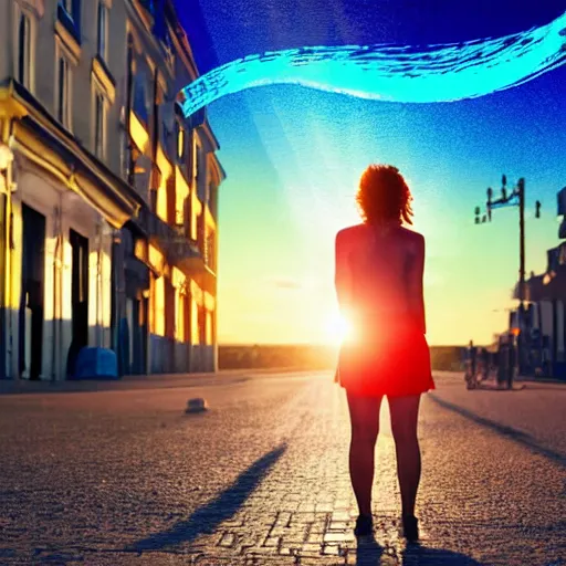 Image similar to a woman facing a blue wormhole on the street, which shows a beach at sunset