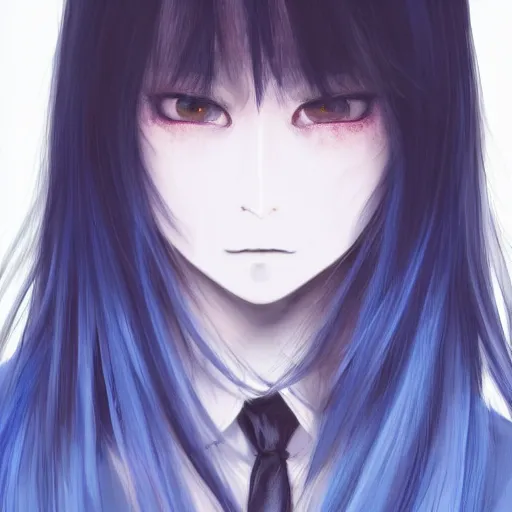 Image similar to full face shot of rimuru tempest, sky blue straight hair, long bangs, closed eyes, wearing a fancy black jacket, high collar, ultra detailed, brush strokes, digital painting, cinematic, wlop artstation, closeup, pixiv, eerie, scary, haunted, spooky, yoshitaka amano, junji ito,