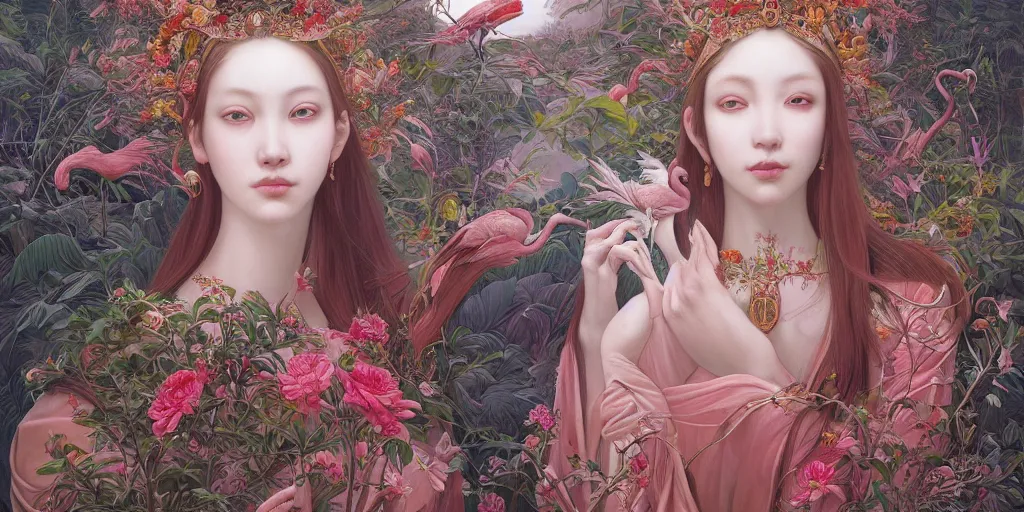 Prompt: breathtaking detailed weird concept art painting of the goddess of flamingo, orthodox saint, with anxious, piercing eyes, ornate background, epic composition, amalgamation of leaves and flowers, by Hsiao-Ron Cheng and John James Audubon and Miho Hirano, extremely moody lighting, 8K