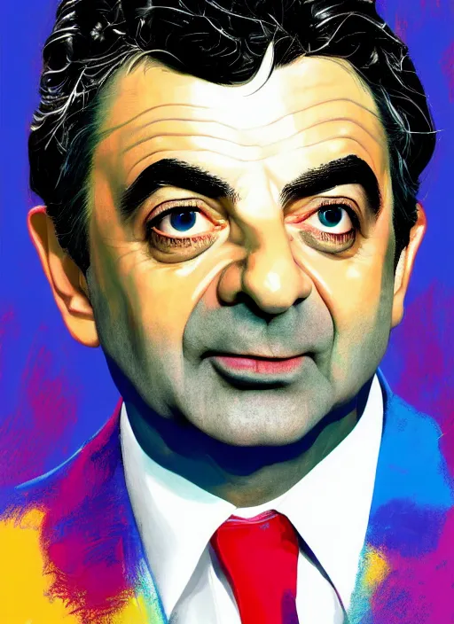 Prompt: a portrait of rowan atkinson by josh kirby, lisa frank and andy warhol, intricate, elegant, highly detailed, digital painting, artstation, concept art, matte, sharp focus, illustration