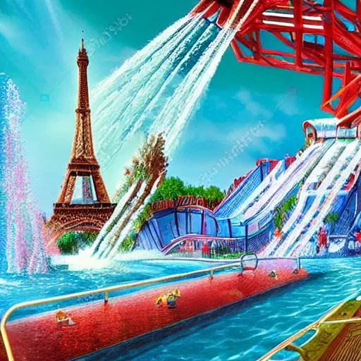 Prompt: paris eiffel tower waterpark with water slides, digital art, epic composition, highly detailed, cinematic lighting