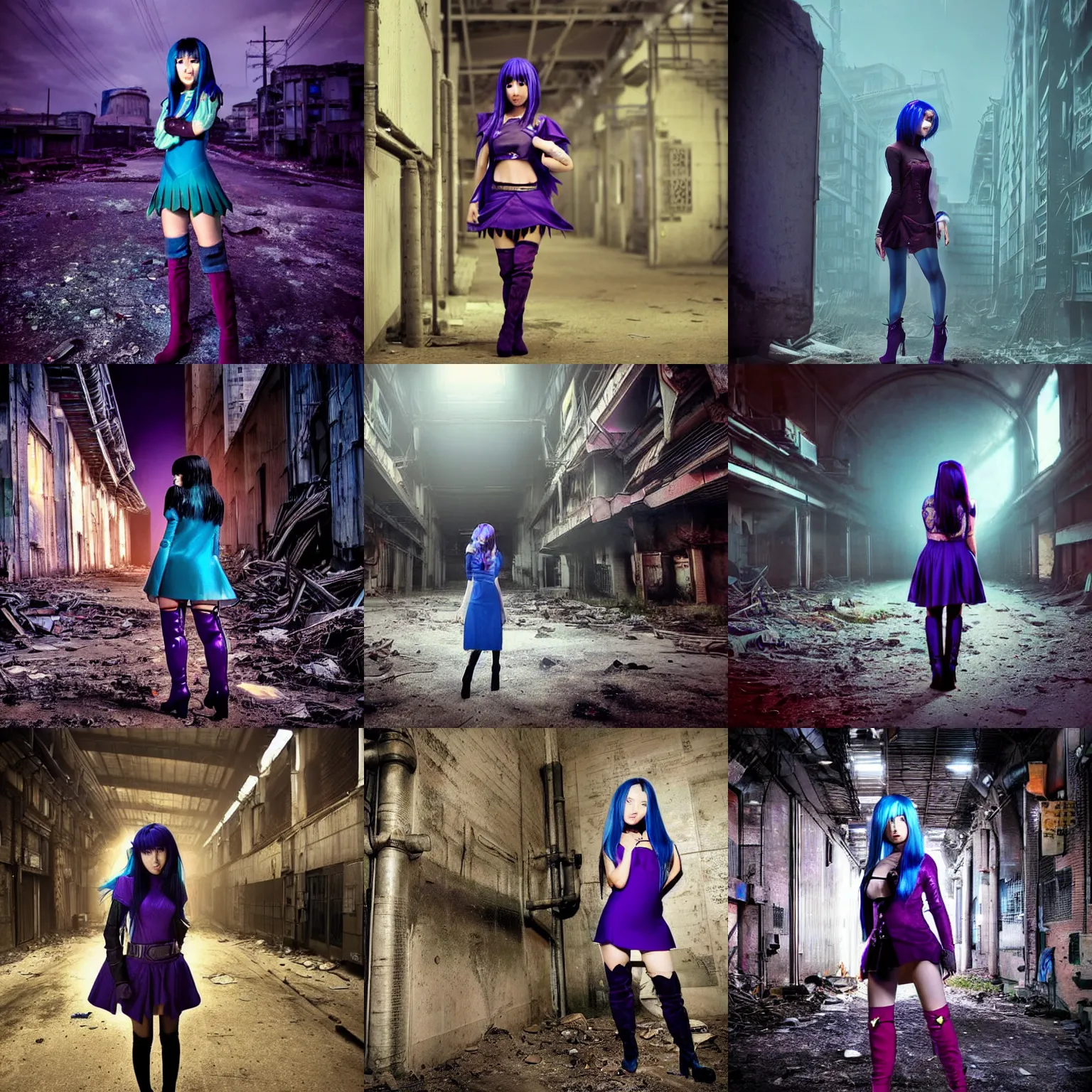 Prompt: stunning, breathtaking, awe-inspiring award-winning photo of an attractive young asian elf woman with pointy ears and blue hair, wearing a miniskirt and knee-high boots in an endlessly sprawling desolate abandoned post-apocalyptic industrial city at night, extremely moody purple lighting