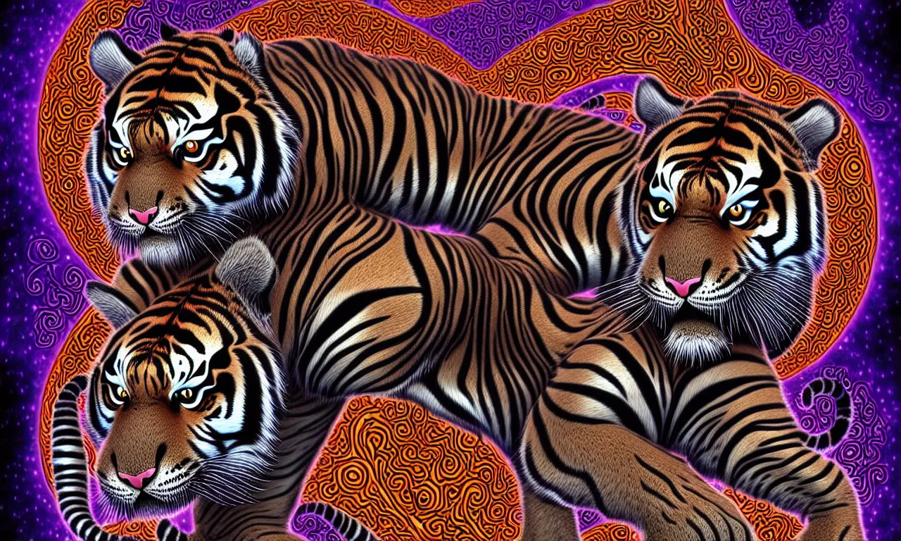 Prompt: a wonderful digital art of a magical tiger, elemental cat, sequential feline, interdimensional galactic fractal mathematics just for practice in the style of junji ito and escher, psytrance and giger, artstationhq, magic realism, 8 k, ornate, detailed