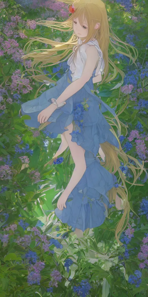 Prompt: a digital art of a loli with long hair in a dress in the privet garden at after noon, green and warm theme, mediumslateblue flowers, low angle, back lighting, by krenz cushart and mucha and akihito yoshida and greg rutkowski and makoto shinkai, highly detailed, 4 k resolution, trending on art station