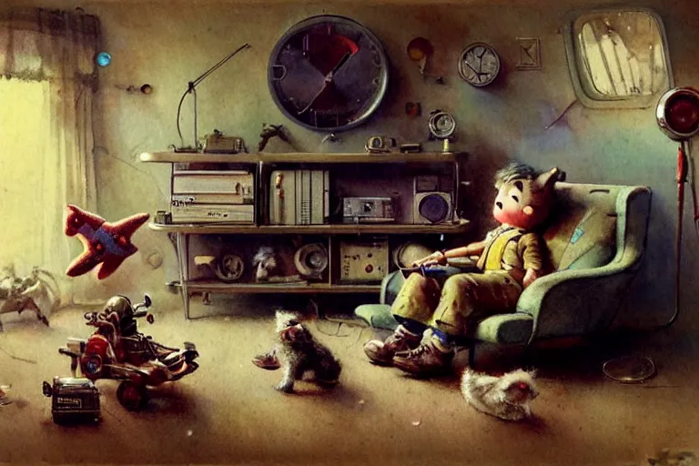 Image similar to adventurer ( ( ( ( ( 1 9 5 0 s retro future living room. muted colors. toys laying around ) ) ) ) ) by jean baptiste monge, chrome red