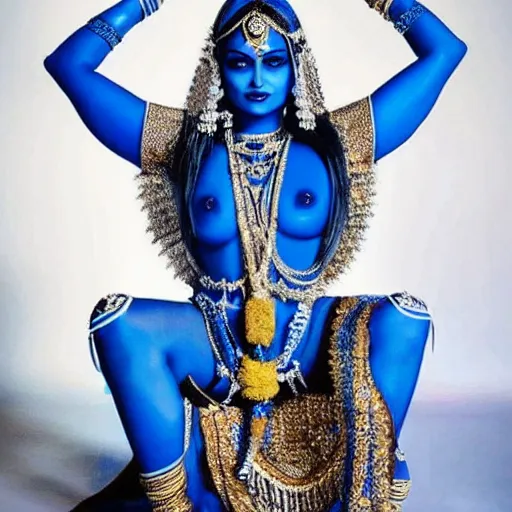 Image similar to aishwarya rai as a blue - skinned indian goddess with six arms, symmetric, aesthetic!!!, cosplay, studio lighting, beautiful symmetric face, clean composition, highly symmetric body parts, gazing eyes, blue skin, blue body paint