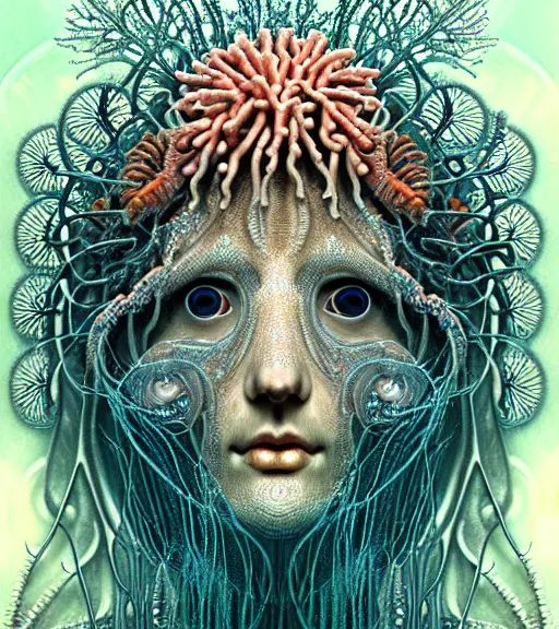 Image similar to hyperrealistic detailed underwater face portrait of the beautiful god of the jellyfish with an intricate headgear of corals, sea kelp, sea plants, fish, starfish, jellyfish, art by ernst haeckel, victor ngai, john william godward, android jones, neo - gothic - cyberpunk, ornamental, beautiful deep colours,