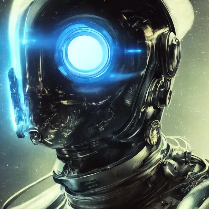 Image similar to portrait art of 8k ultra realistic retro futuristic astronaut helmet, lens flare, atmosphere, glow, detailed,intricate,blade runner, cybernetic, full of colour, cinematic lighting, trending on artstation, 4k, hyperrealistic, focused, extreme details,unreal engine 5, cinematic, masterpiece, art by ayami kojima, giger