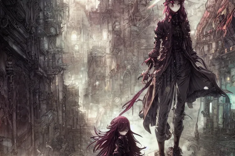 Image similar to goth woman in front of city, color page, tankoban, 4 k, tone mapping, akihiko yoshida, james jean andrei riabovitchev marc simonetti, yoshitaka amano, long hair, curly, h. hydrochaeri