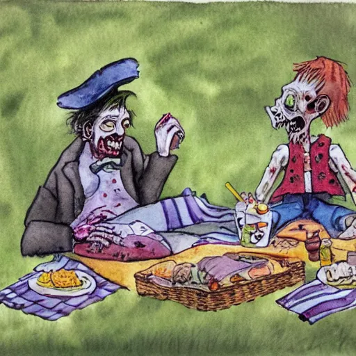 Image similar to watercolor painting of zombie picnic in the style of A. A. Milne