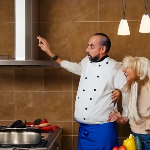 Prompt: short racist italian chef beating taller girlfriend