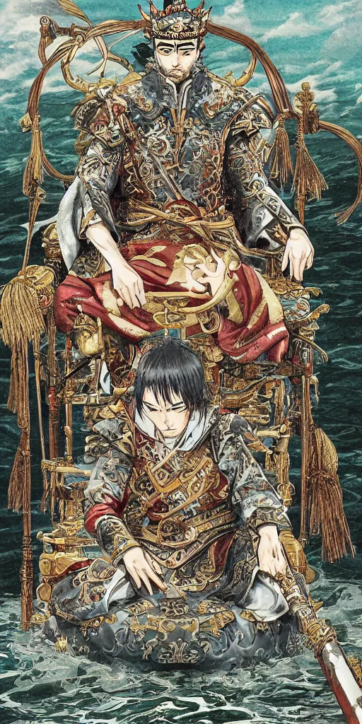 Image similar to highly detailed lone emperor sitting on a throne floating on water in the middle of a lake drawn by Makoto Yukimura in the style of Vinland saga anime, full color, detailed,