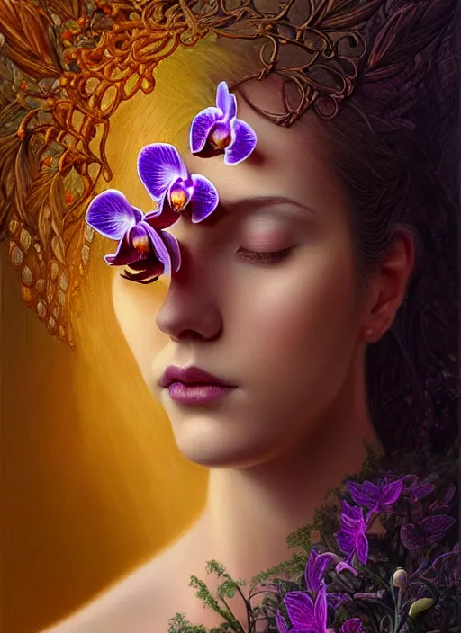 Image similar to portrait of the young goddess of iridescent orchids, unusually unique beauty, flowers and plants and vegetables, emotionally evoking symbolic metaphors, head in focus, fantasy, heavily gothic ornamental, intricate, elegant, sensual, highly detailed digital painting, artstation, concept art, painterly, golden ratio, sharp focus, illustration, art by greg rutkowski and alphonse mucha,