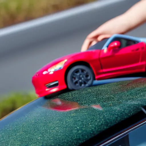 Image similar to a red haired woman driving a Jada toys mitsubishi eclipse green diecast car, high resolution macro photo, viewed through the cars window