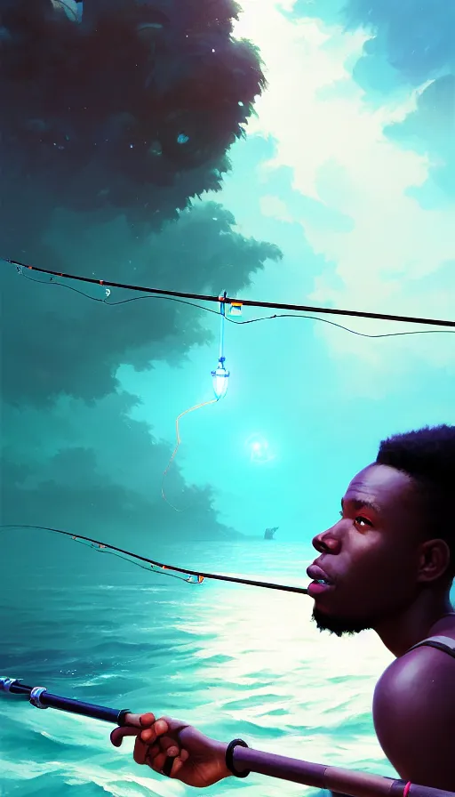 Image similar to highly detailed portrait of a young modern jamaican man fishing with a magical glowing fishing rod weapon, ocean background, unreal engine, fantasy art by greg rutkowski, loish, rhads, makoto shinkai and lois van baarle, ilya kuvshinov, rossdraws, tom bagshaw, global illumination, radiant light, detailed and intricate environment