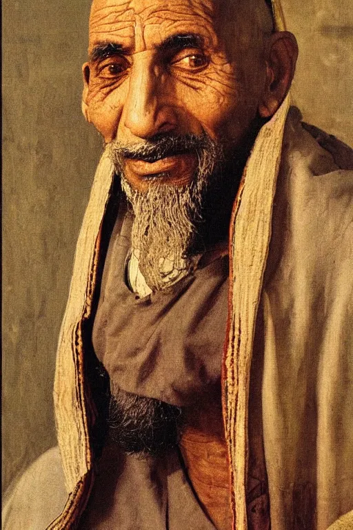 Image similar to a closer hero portrait of a a very old egyptian priest with very piercing eyes, very charismatic. in old egypt. masterpiece, dramatic light and shadow, saturated colors, ciaroscuro. painted by carl larsson