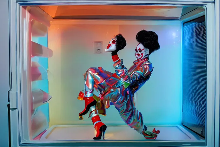 Prompt: robo - clowngirl emerging from a translucent fridge in cyberspace, fractal, in 1 8 8 5, y 2 k cutecore clowncore, bathed in the glow of a crt television, crt screens in background, low - light photograph, in style of tyler mitchell