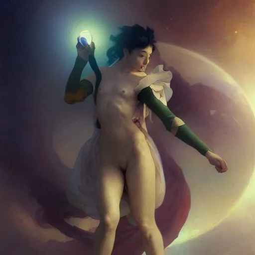 Image similar to A man drinking a cup of cosmic energy bright light, illustration by Ruan Jia and Mandy Jurgens and William-Adolphe Bouguereau, Artgerm, 4k, digital art, surreal, anime style, space dandy style, highly detailed, godsend, artstation, digital painting, concept art, smooth, sharp focus, illustration by Ruan Jia and Mandy Jurgens and William-Adolphe Bouguereau, Artgerm