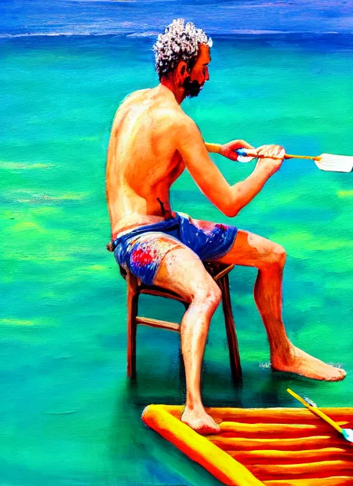 Image similar to self portrait of a painter painting himself on a raft in the ocean