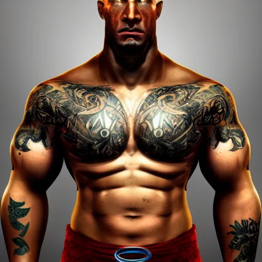 Prompt: A portrait of a bald muscular fighter with an exposed chest with tattoos, he wears brass knucles on his clenched fists, artstation