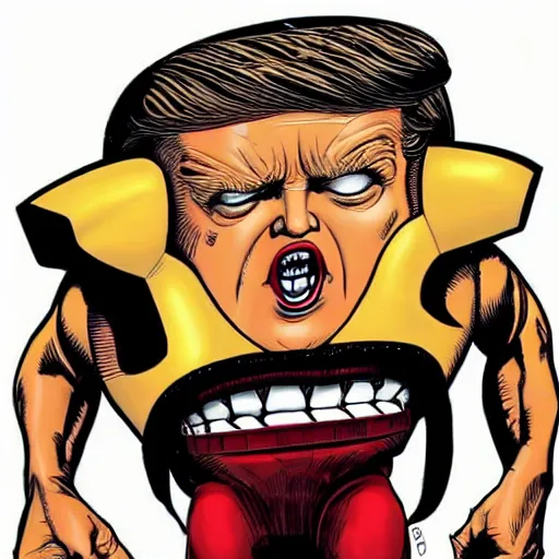 Image similar to donald trump's head as modok, the mental organism designed only for killing, little man in hovering throne, full body, psychic alien with huge head, marvel supervillain character