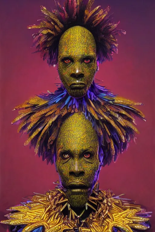 Image similar to detailed full body concept illustration of an African male with body augmentations, strong neon lighting, Afrofuturism, extravagant feathered collar, by Greg Staples, hyper realistic, HD, oil on canvas