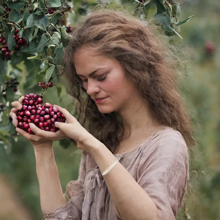 Image similar to a closeup portrait of a woman wearing twisted knotted iridescent ribbon, picking pomegranates from a tree in an orchard, foggy, moody, photograph, by vincent desiderio, canon eos c 3 0 0, ƒ 1. 8, 3 5 mm, 8 k, medium - format print