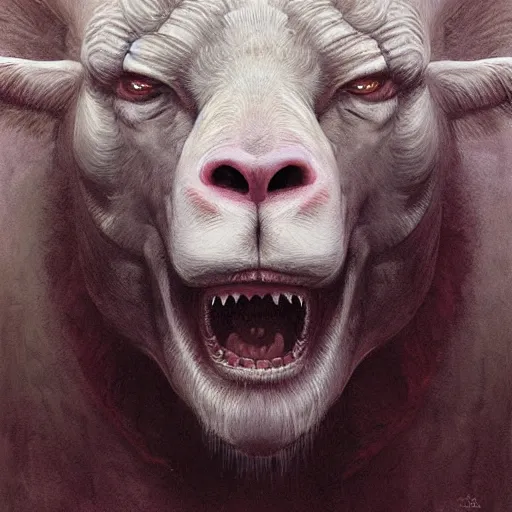 Prompt: vladimir putin, sheep chimera vladimir putin, putin face chimera, macabre, horror, by donato giancola and greg rutkowski and wayne barlow and zdzisław beksinski, digital art