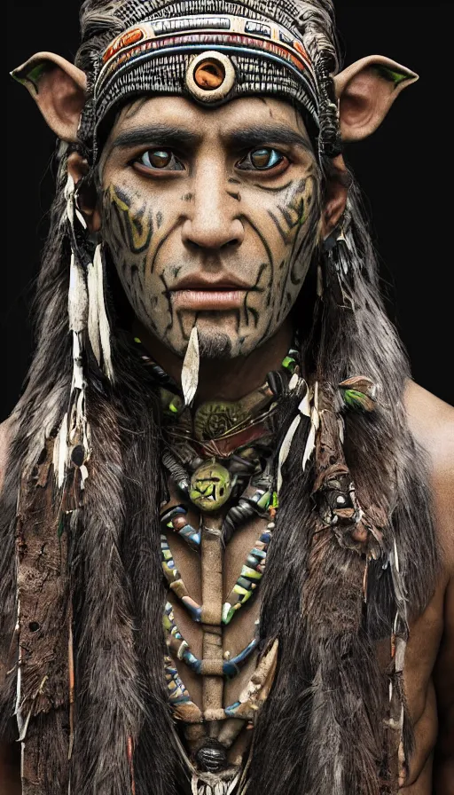 Prompt: vintage 35mm photo portrait of futuristic Aztec priest with a native look, wide nose, dark eyes with a jungle background in the style of Apocalypto directed by Mel Gibson, jungle, VFX, Octane Renderer, trending on CGSociety, elongated cranium long forehead, lighted LED buttons, stone carvings, neon