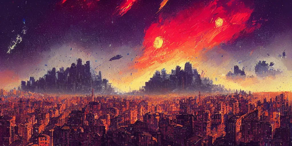 Prompt: asteroids over the city by alena aenami