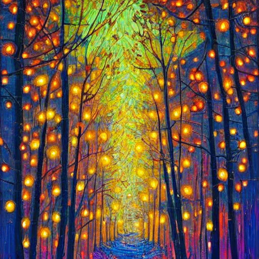 Prompt: forest at night with floating lights by Erin Hanson