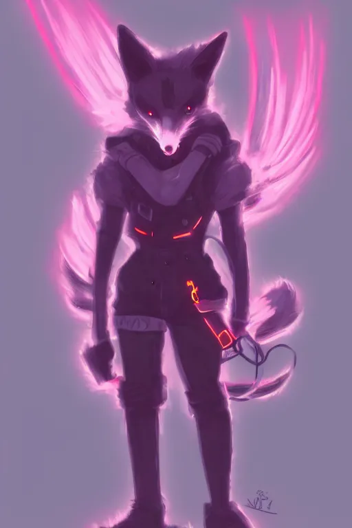 Image similar to a cyberpunk anthropomorphic fox with a fluffy tail, comic art, trending on furaffinity, cartoon, kawaii, backlighting, furry art!!!, neon