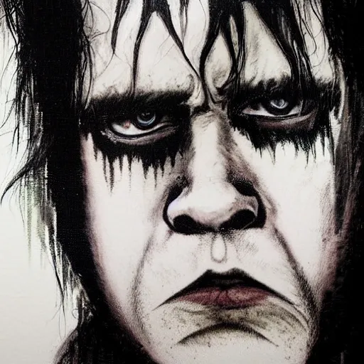 Image similar to stunning portrait of gaunt glenn danzig a ( the cure fan ) as dream from sandman, dim stars as eyes, by jeremy mann, by cedric peyravernay, by by russ mills, by richard avedon and ben templesmith, dramatic lightning, sadness, dark eye sockets, in the shadows, punk rock, gothic, high detailed, 8 k