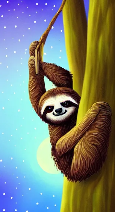 Prompt: a cute sloth hanging on a tree on a beautiful night with stars, made of beautiful colored thick flowing dramatic brush strokes, matte colors, trending on artstation