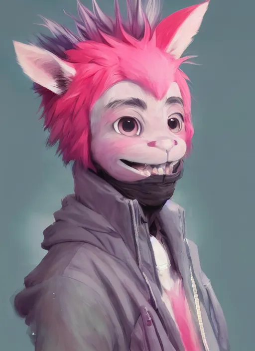 Image similar to a beautiful half body portrait of a cute anime male with pink hair and pink wolf ears. smiling.. big eyes. black collar. hoodie. character design by cory loftis, fenghua zhong, ryohei hase, ismail inceoglu and ruan jia. volumetric light, detailed, rendered in octane