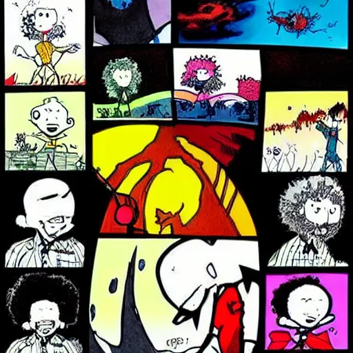 Image similar to comic book art in the style of bob ross and tim burton