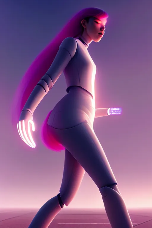 Image similar to profil android women running, scifi, futuristic design, bae suzy, long white hair, character design, cinematic lighting, highly detailed, by beeple, goro fujita, smooth gradient.