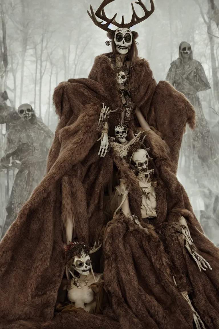 Prompt: a cursed lady princess dressed in a deer fur cloak, sitting in her throne, surrounded by skelleton royal guards, cinematic epic scene, wide view, detailed, 8 k, trending on cgi society, volummetric light