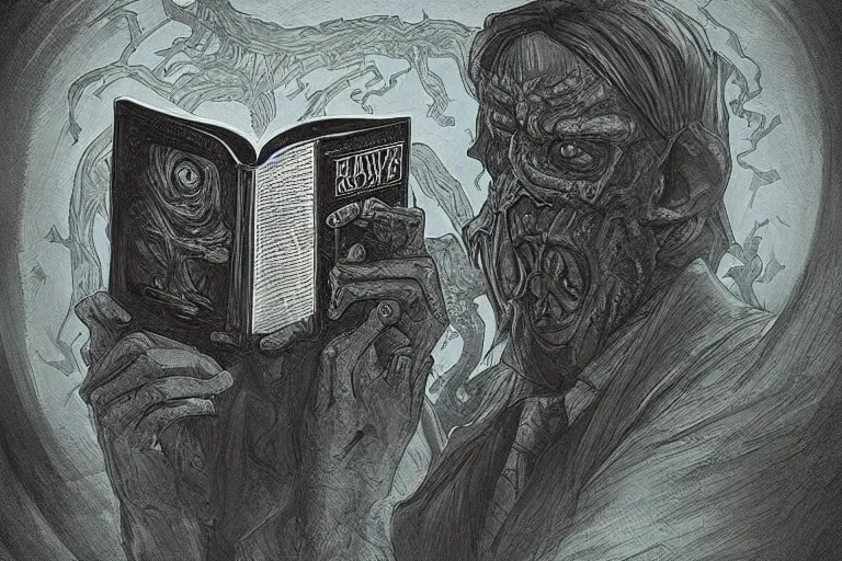 Image similar to “ a extremely detailed stunning portraits of hp lovecraft reading necronomicon by allen william on artstation ”